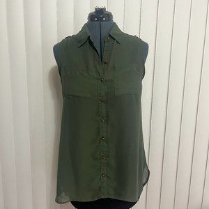 Army Green, sheer, sleeveless, tunic blouse with black epaulets Size M